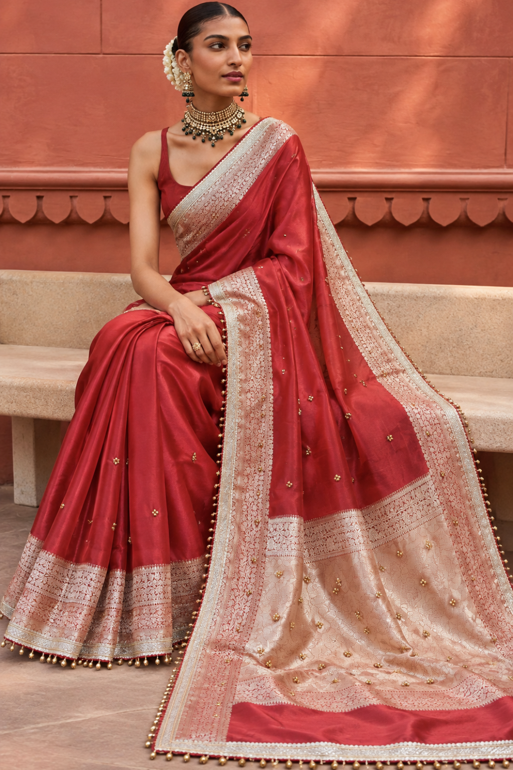 Coral Red Embroidered Tissue Silk Saree