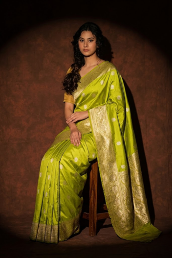 Lime Green Mashru Silk Banarasi Saree with Gold Zari Border