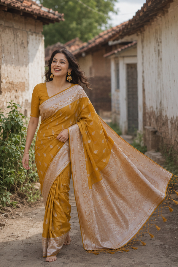 Svarnaangi Semi Katan Silk Silver Zari Saree