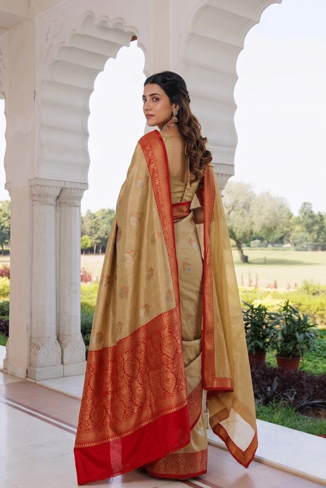Golden Katan Silk Saree with Red Zari Border