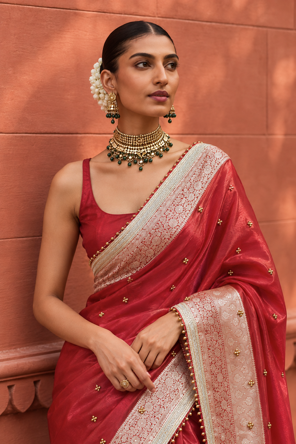 Coral Red Embroidered Tissue Silk Saree