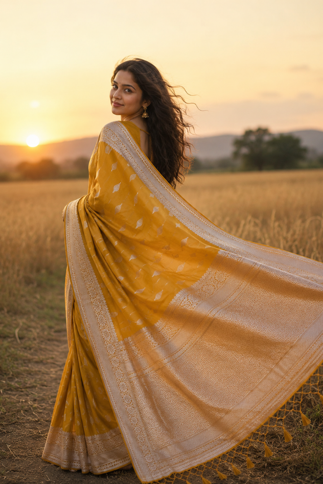 Svarnaangi Semi Katan Silk Silver Zari Saree