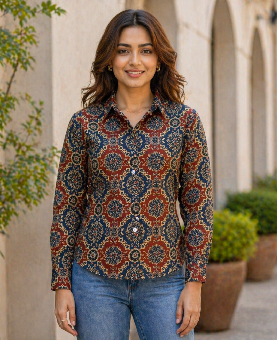 Rust & Navy Ajrakh Inspired Printed Casual Shirt