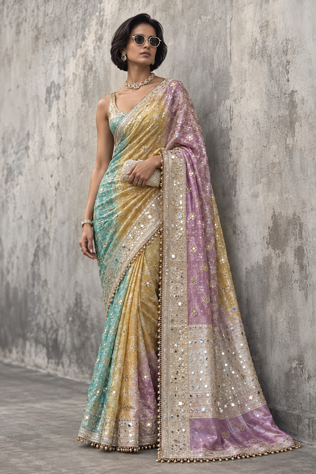 Pastel Multicolour Embroidered Tissue Silk Saree