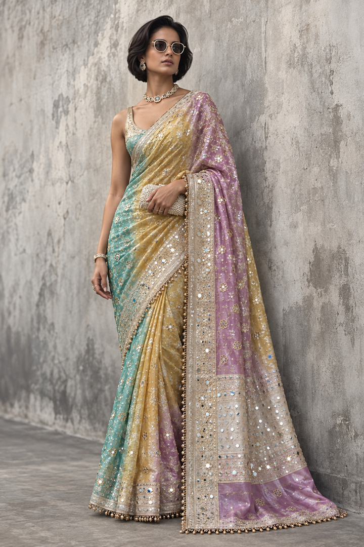 Pastel Multicolour Embroidered Tissue Silk Saree