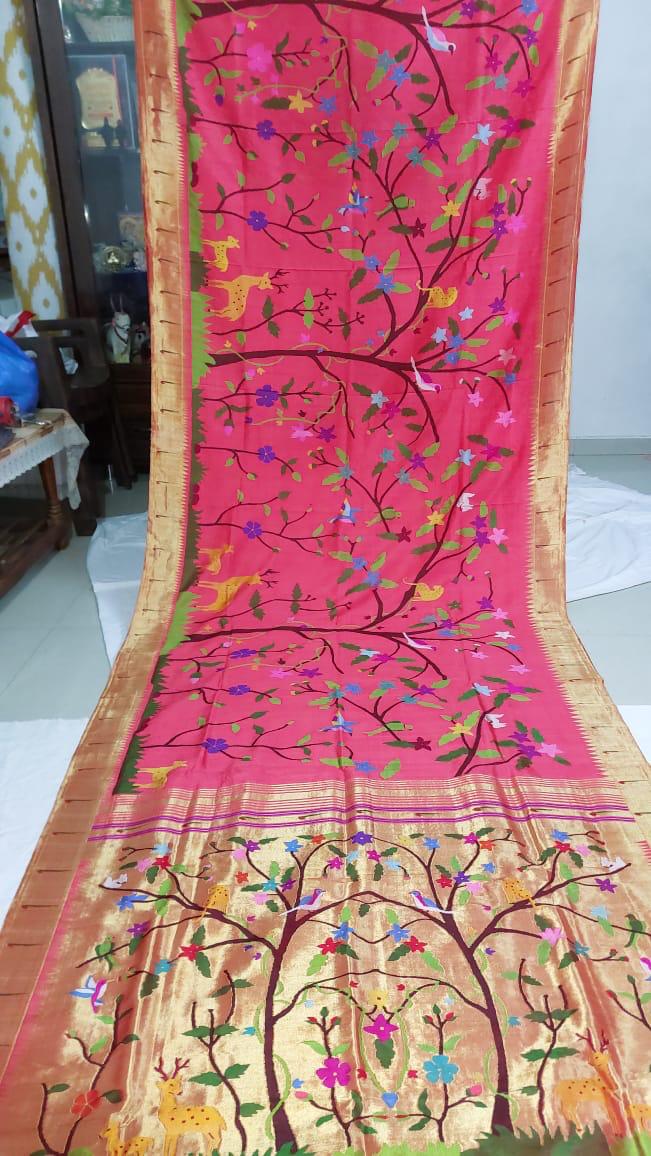 Pink Pure Silk Zari Paithani Nature Jungle Saree