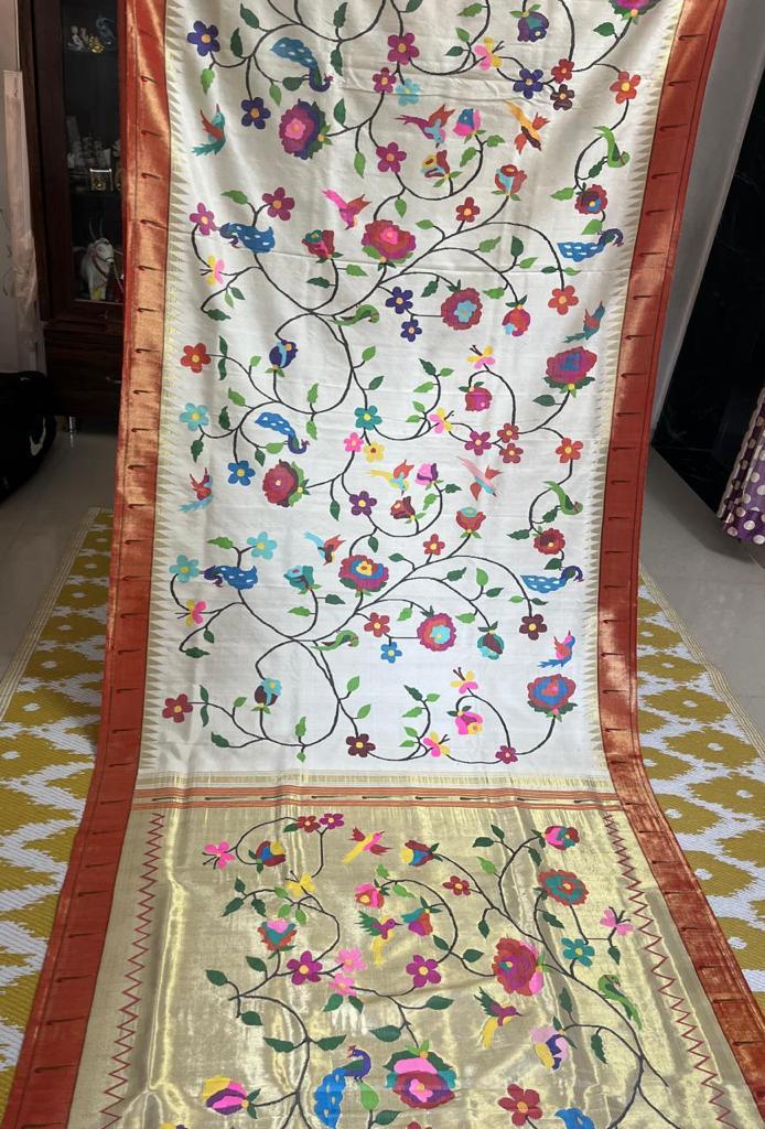 Ivory White Pure Zari Paithani Saree