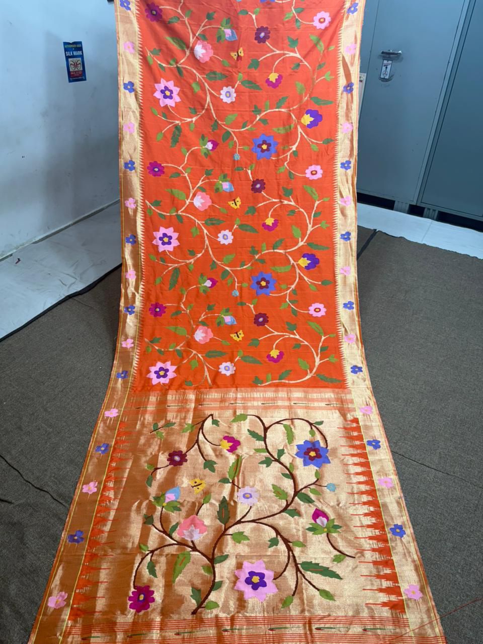 Orange Pure Silk Zari Paithani Floral Saree