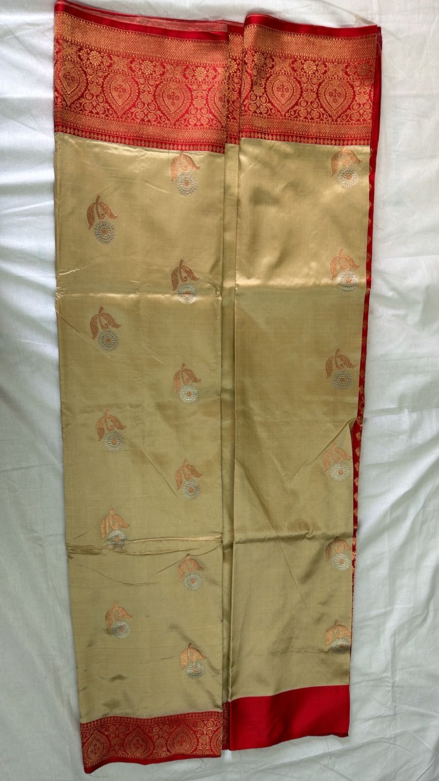 Golden Katan Silk Saree with Red Zari Border