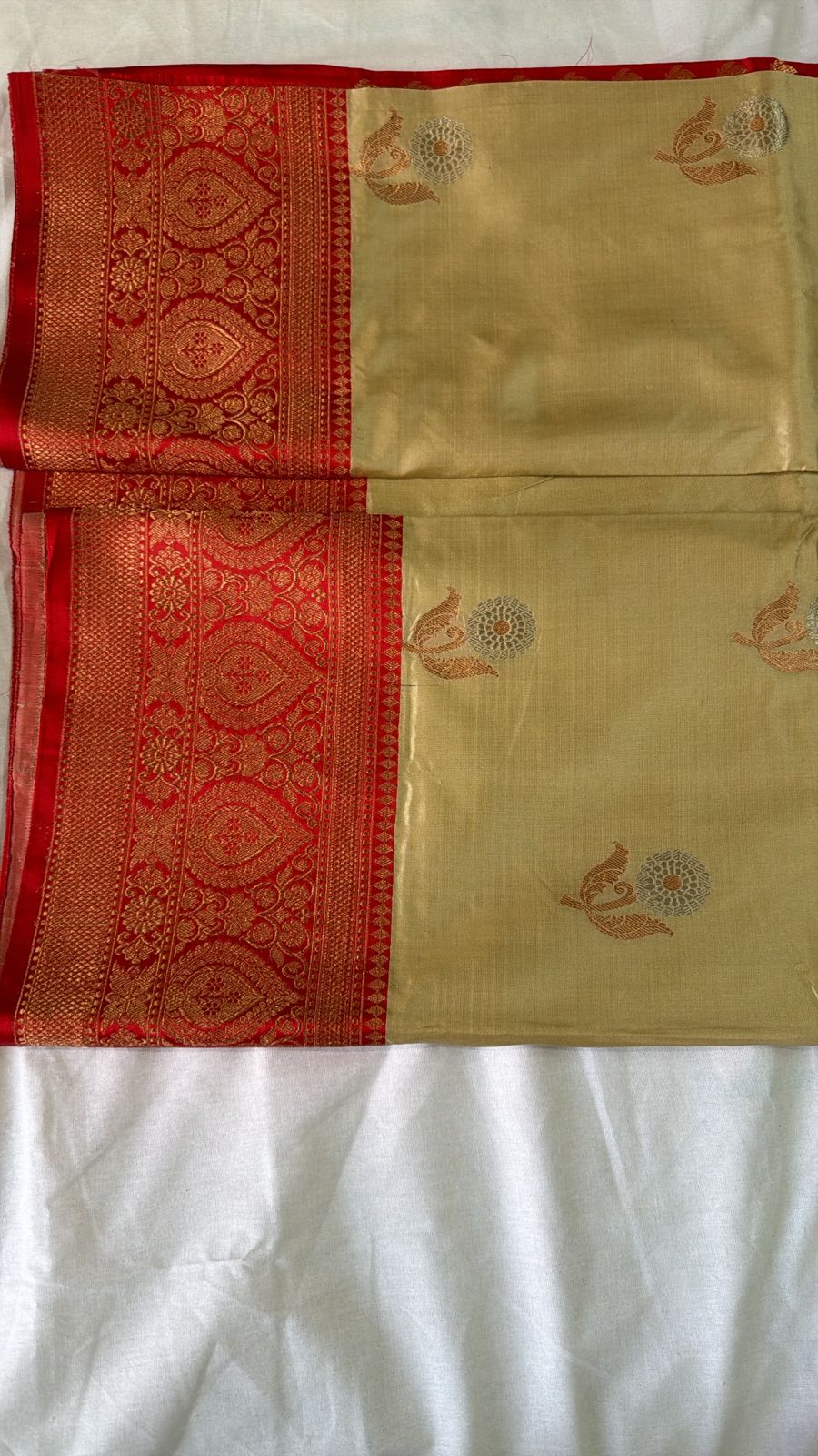 Golden Katan Silk Saree with Red Zari Border